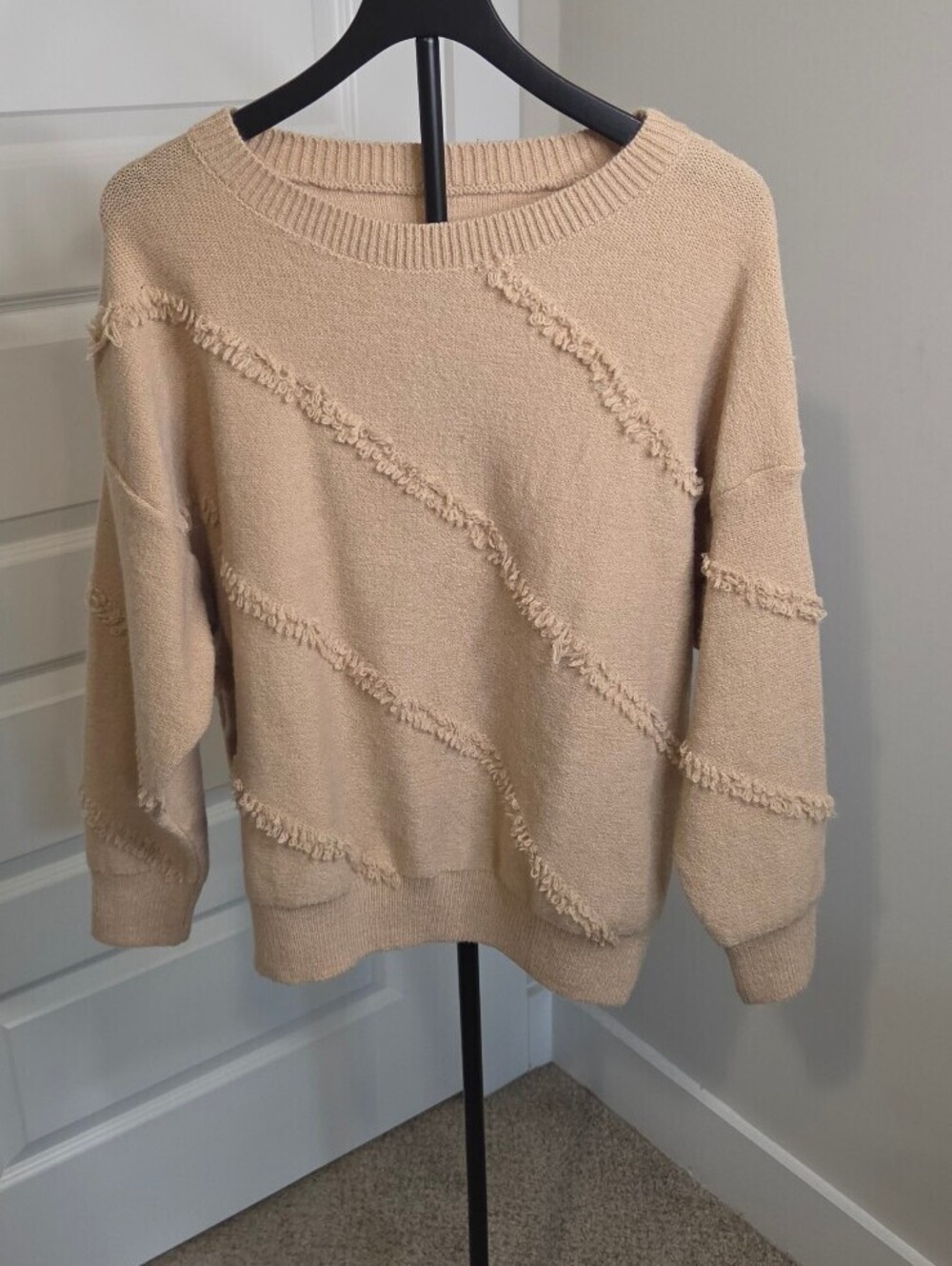 Shein Curve Beige Knit Sweater with Diagonal Fringe Detail sz 2XL